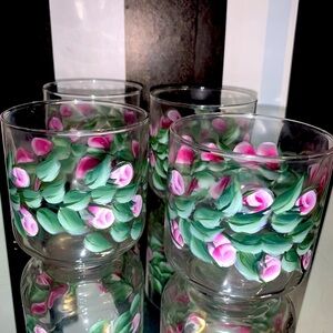 Set of 4 Hand Painted Vintage Juice Glasses 4 oz Cottage Core Boho Cute Cups